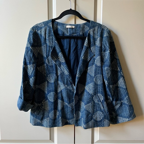Eileen Fisher Hand-Printed Indigo Organic Cotton Round Neck Jacket Blue - Picture 2 of 6